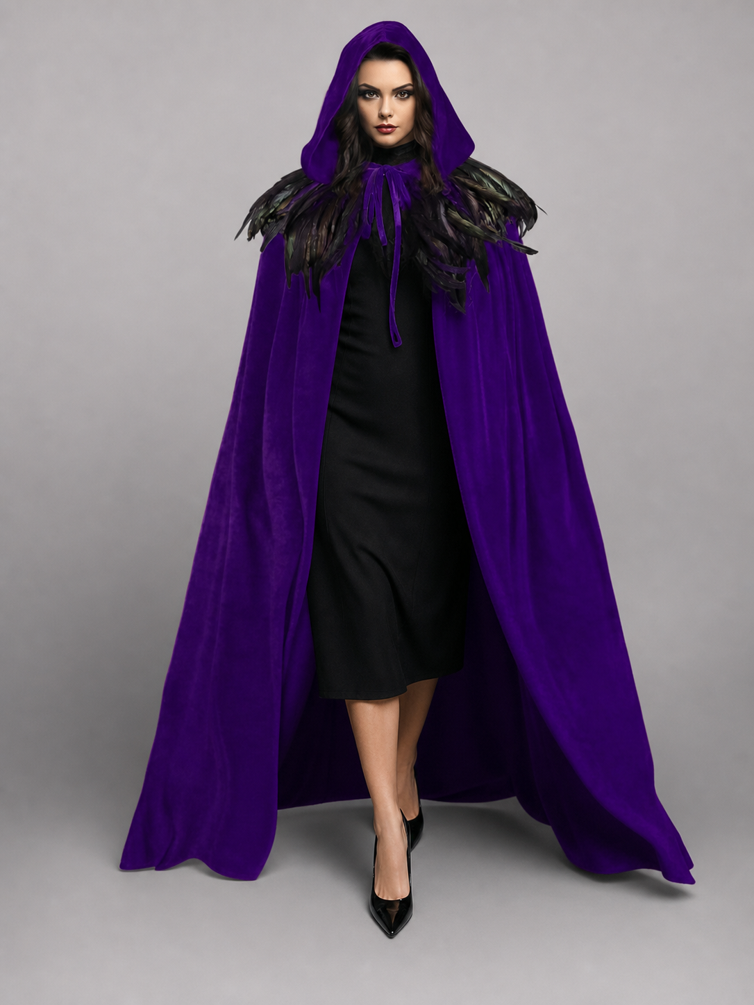 Purple hooded feather-trimmed velvet cape product view 20