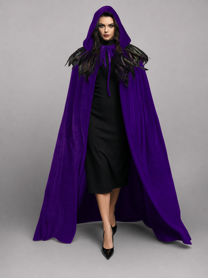 Purple hooded feather-trimmed velvet cape product view 20