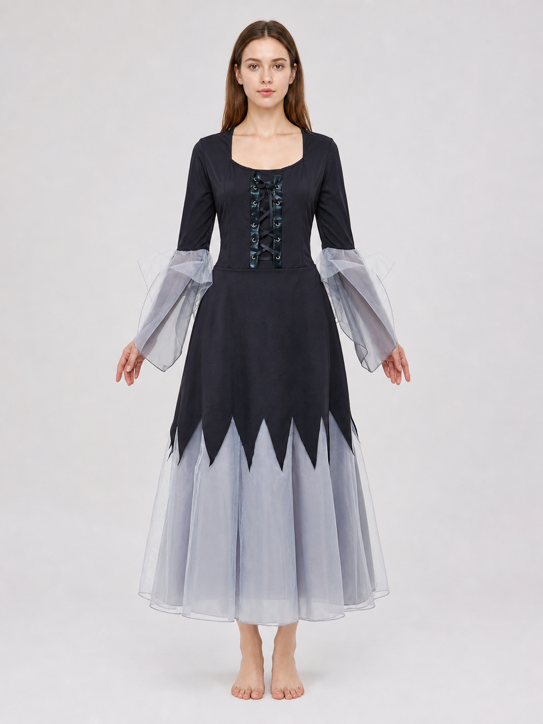 Gothic Black and Gray Lace-Up Cosplay Dress