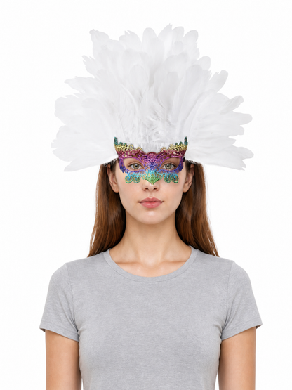 Masquerade headpiece with feathers and a mask