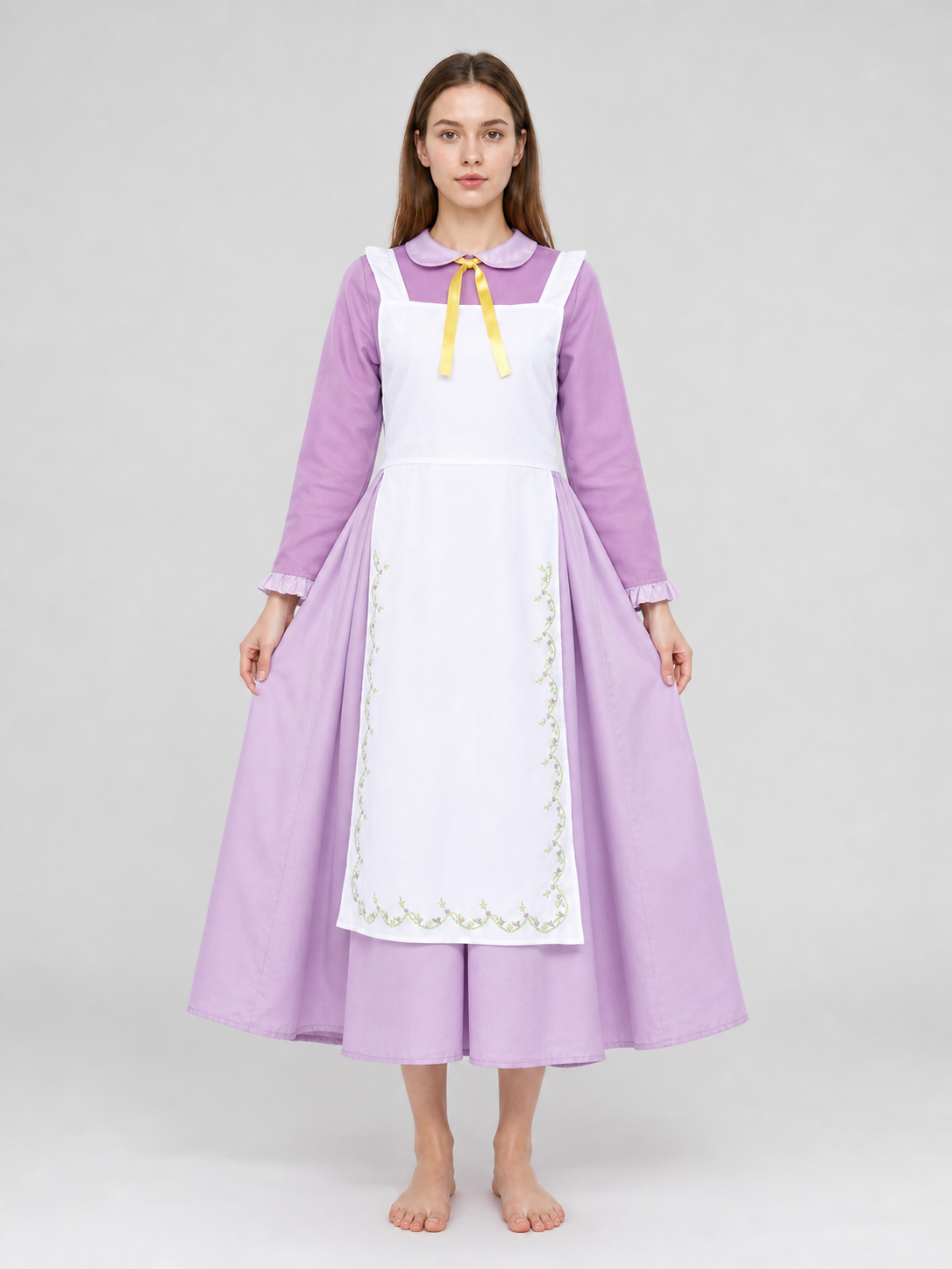 Purple dress costume with apron and bonnet