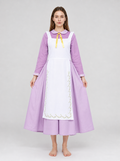 Purple dress costume with apron and bonnet