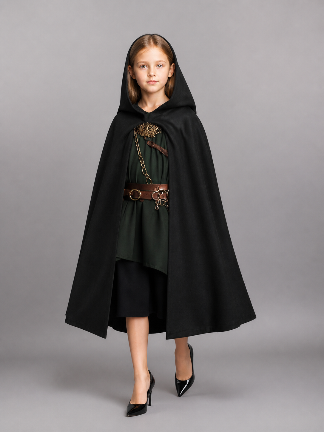 Medieval Black Hooded Costume Cloak front view