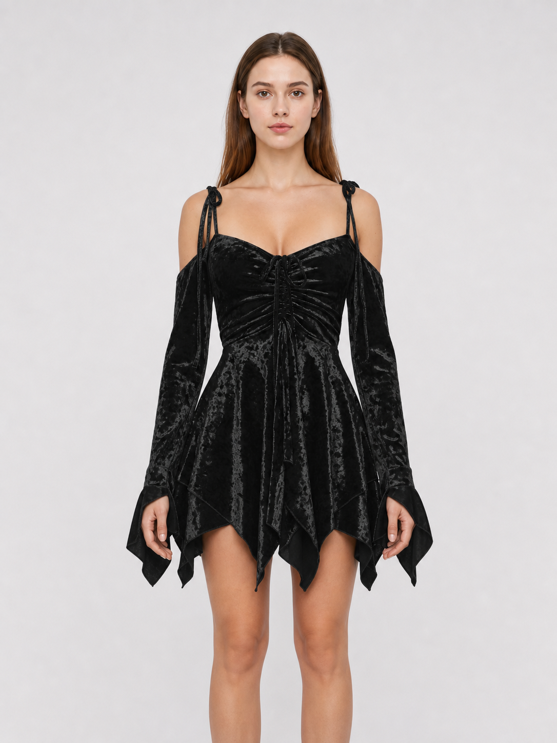 Black Mini Dress with an Asymmetrical Hem and Sleeves
