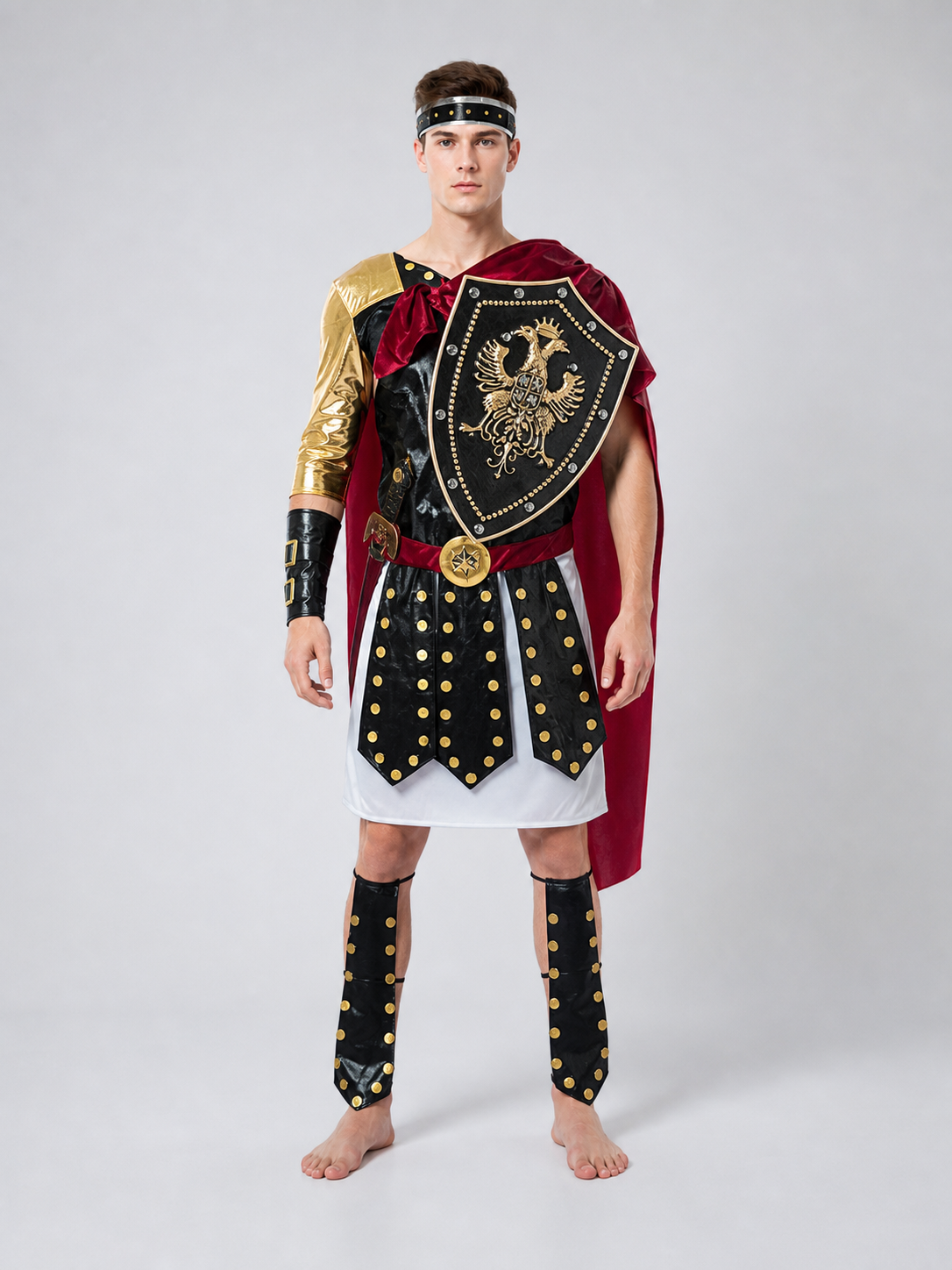 Roman Warrior Costume with Shield and Sword for Cosplay front view