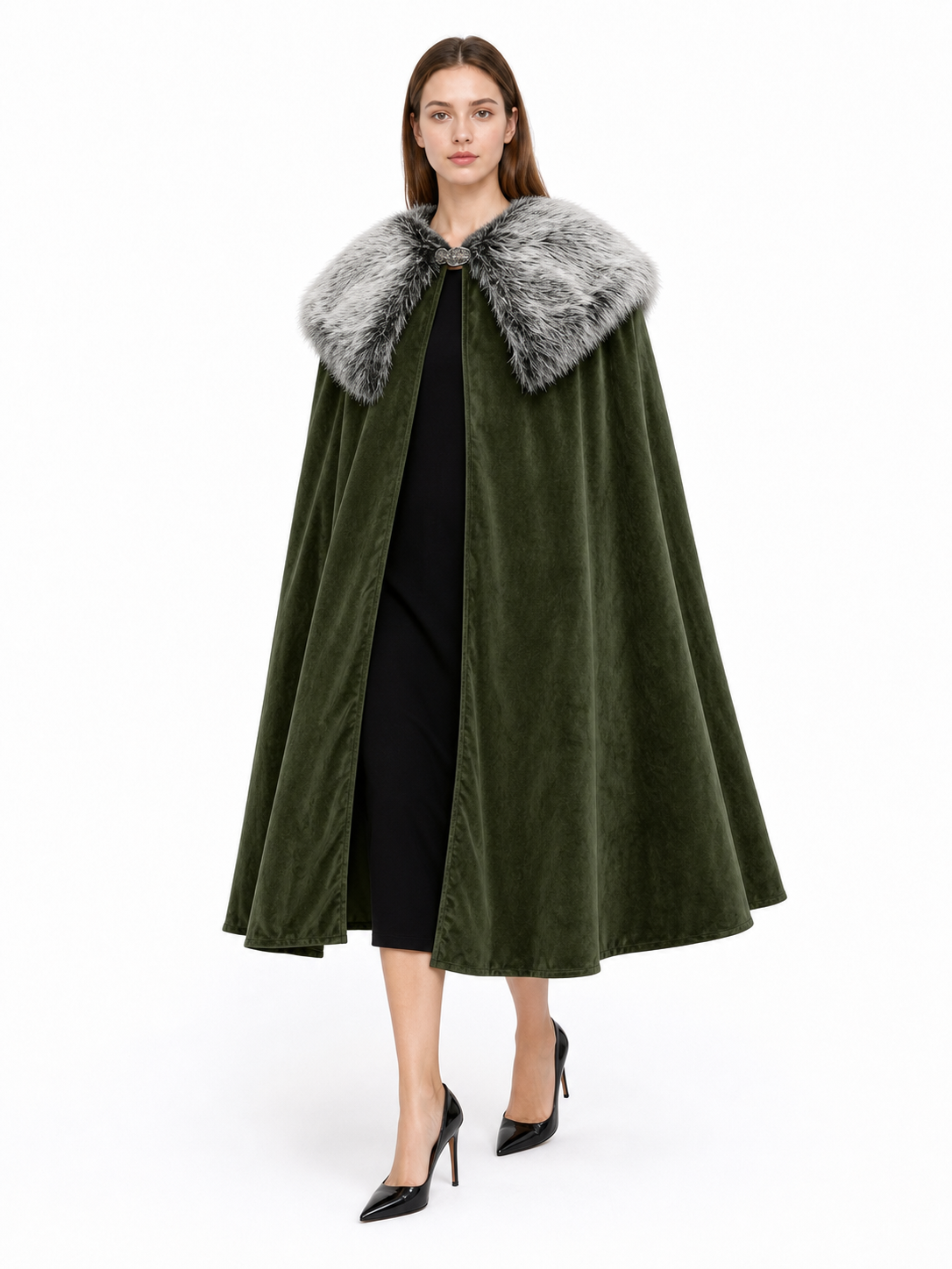 Green Carnival Cloak with Fur Collar