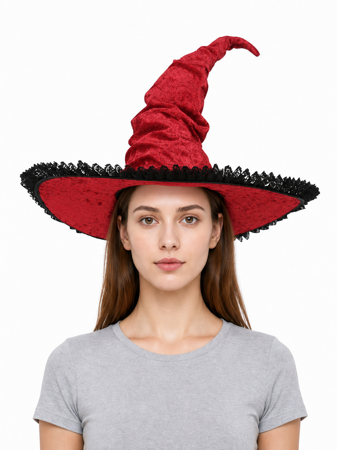 Red and Black Wide Brim Witch Hat, Tall Curved Pointed Top with Black Lace Trim