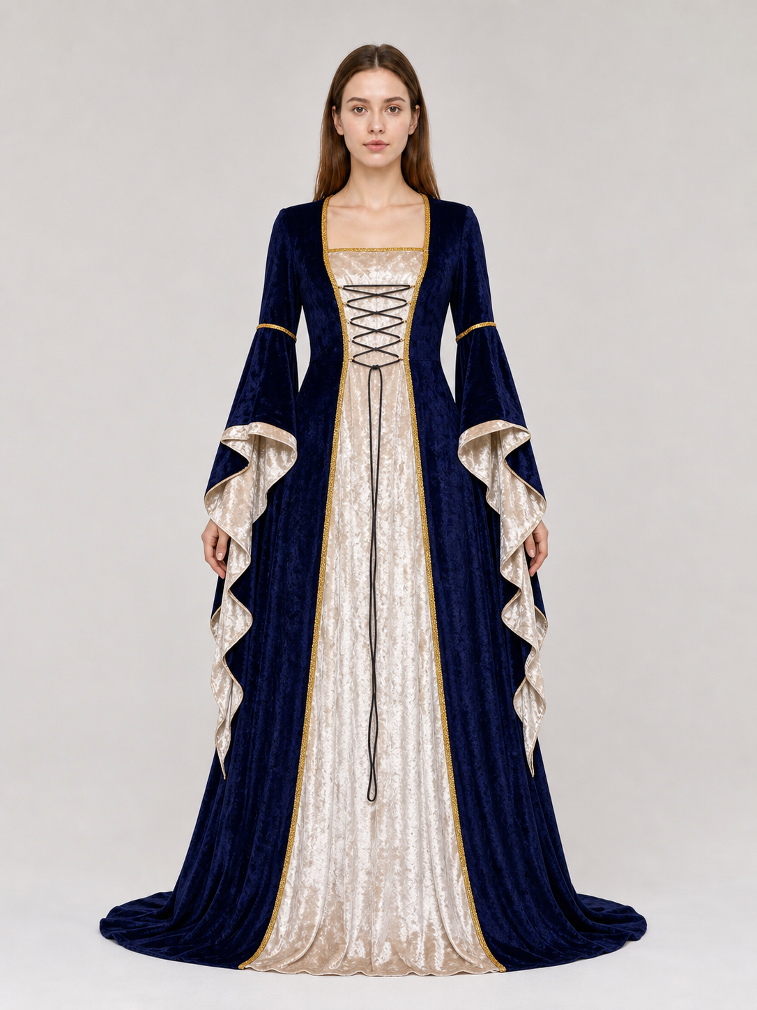 Gothic medieval-style dress made of textile fabric, featuring a floor-length design with a full skirt and flared sleeves. The sleeves are accented with tiered ruffles that emphasize the costume’s historical character. The main color is deep