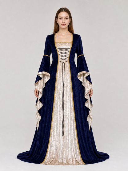 Gothic medieval-style dress made of textile fabric, featuring a floor-length design with a full skirt and flared sleeves. The sleeves are accented with tiered ruffles that emphasize the costume’s historical character. The main color is deep