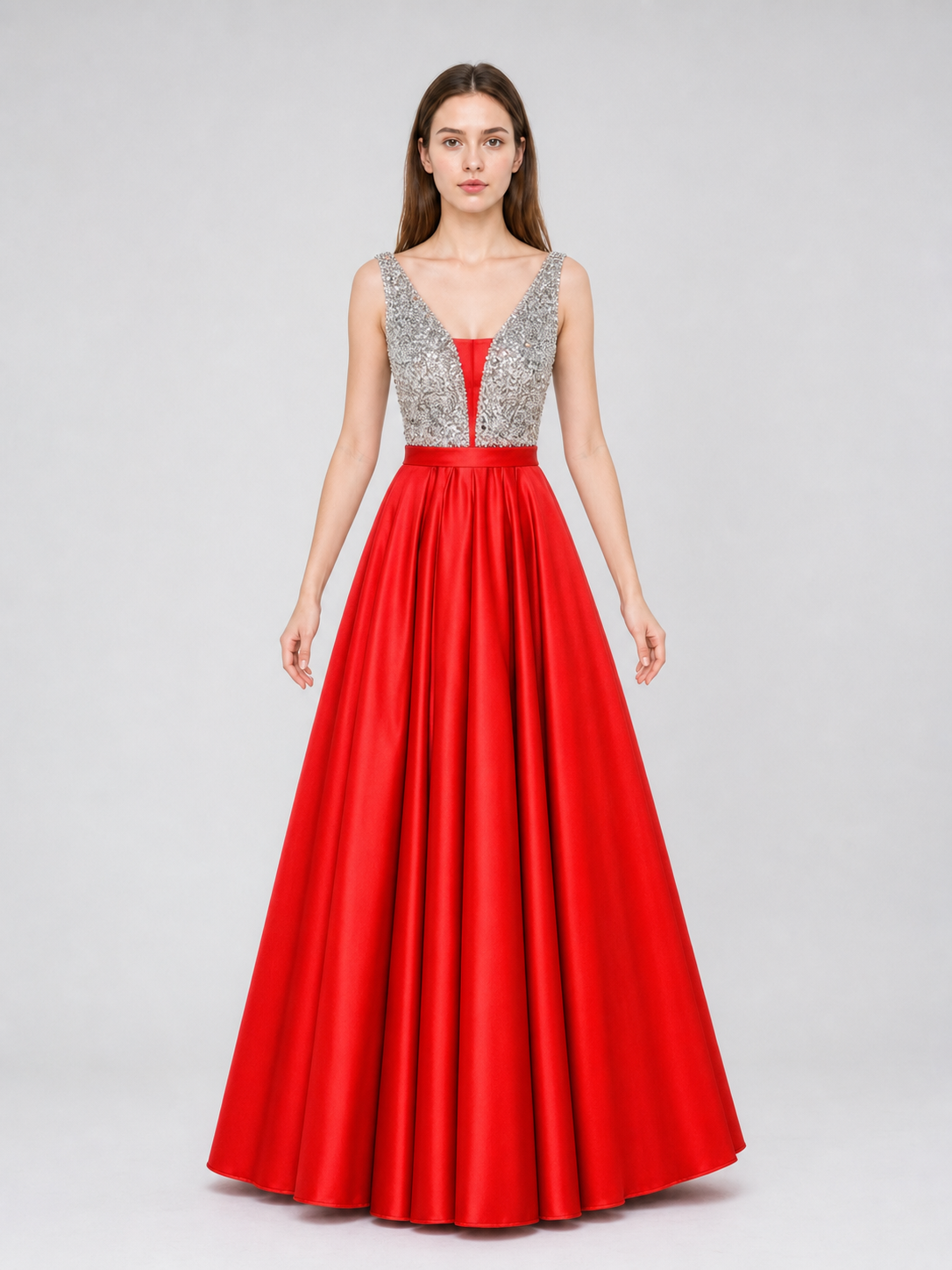 Floor-Length Evening Dress with a Deep V-Neckline