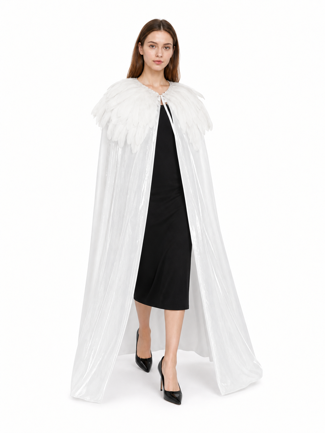 White Velvet Cape with Feather Trim, Maxi