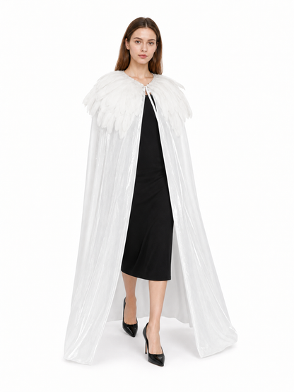 White Velvet Cape with Feather Trim, Maxi
