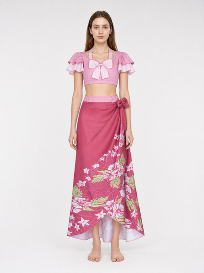 This cosplay set is designed as a short-sleeve crop top and a long skirt. It includes a top, a half-skirt, and decorative bows. There is a bow on the chest of the top, and another bow is placed on the side of the skirt waist. The top has an