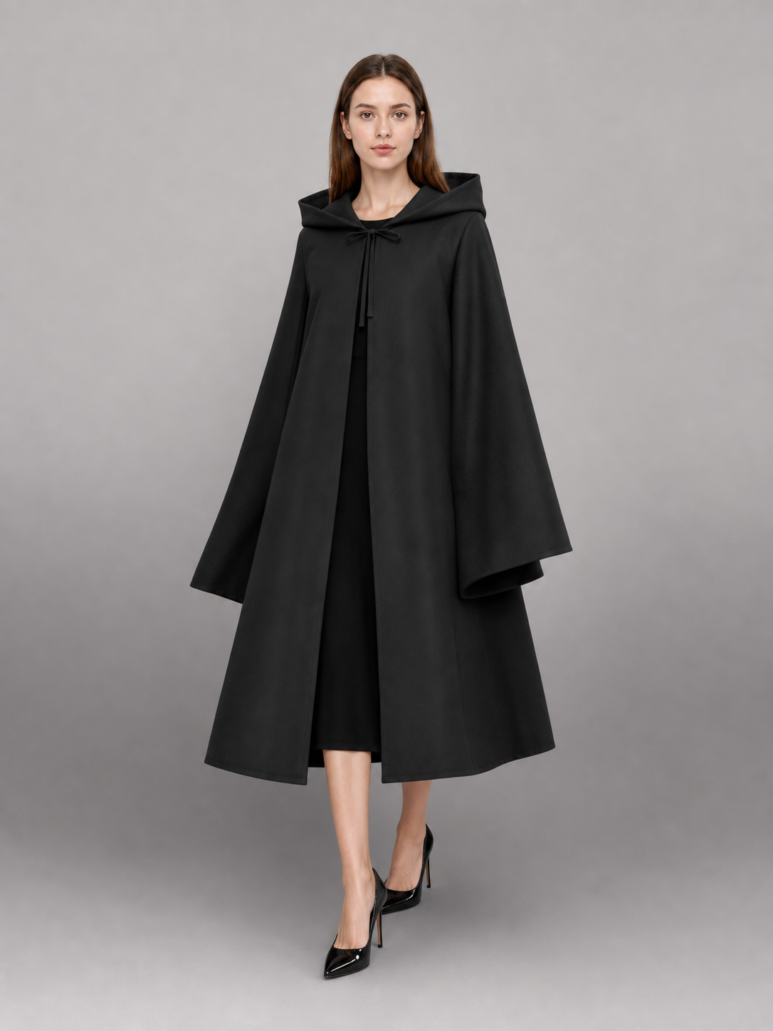 Black Hooded Carnival Cloak, Medieval Style