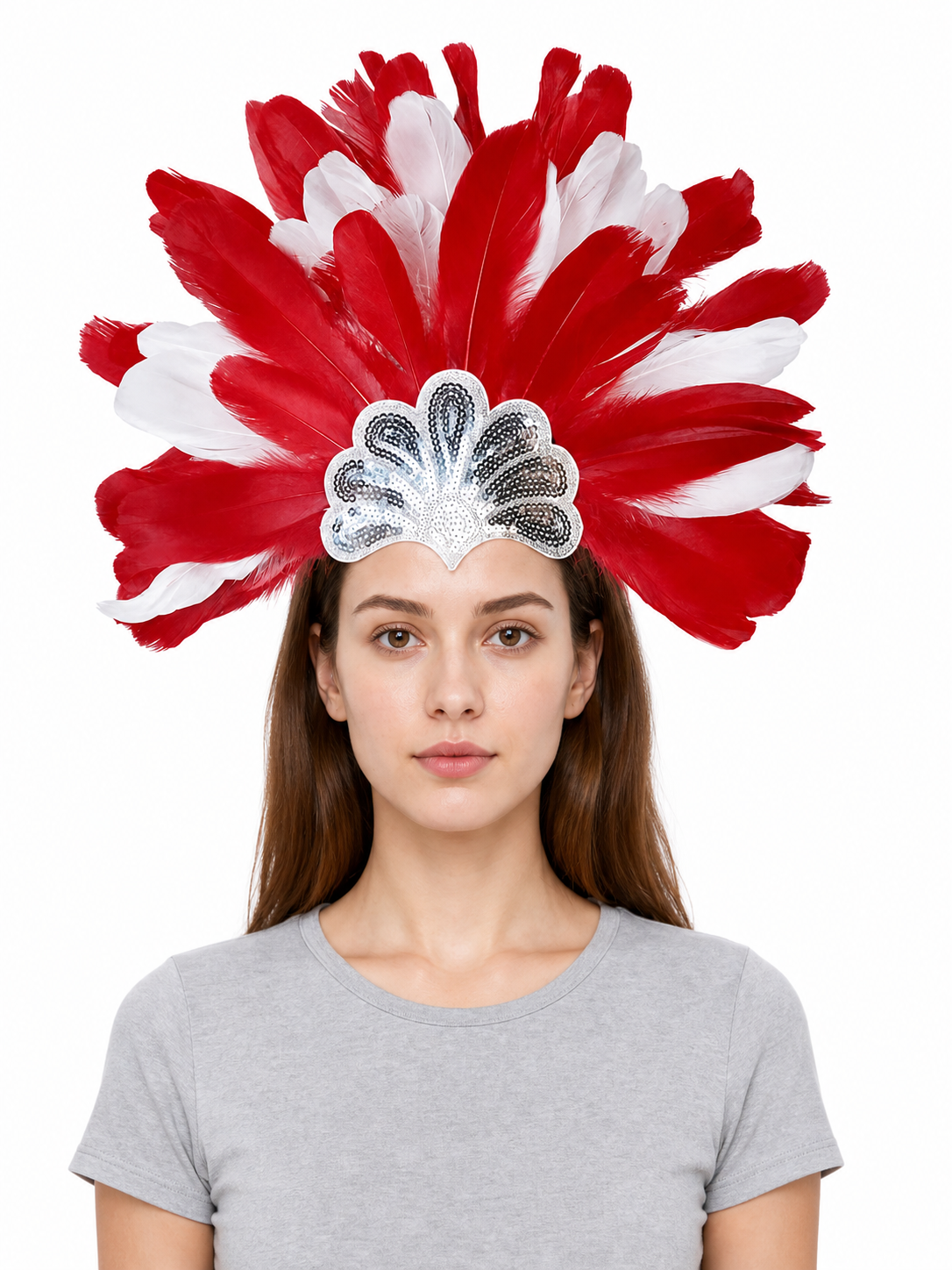 Carnival Headpiece with Red and White Feathers