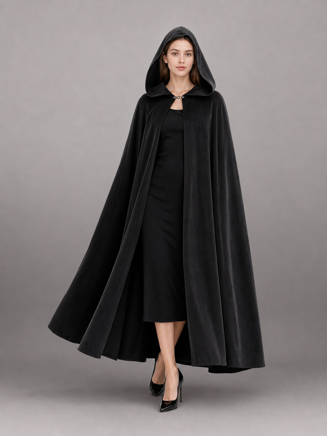 Long black hooded costume cloak