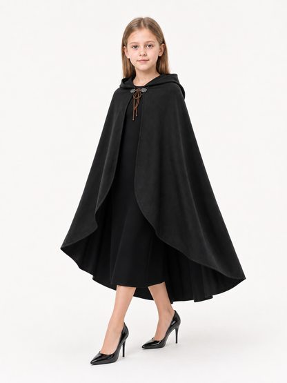 Black hooded cloak shown in a three-quarter side view on a child over a black dress, with layered edges