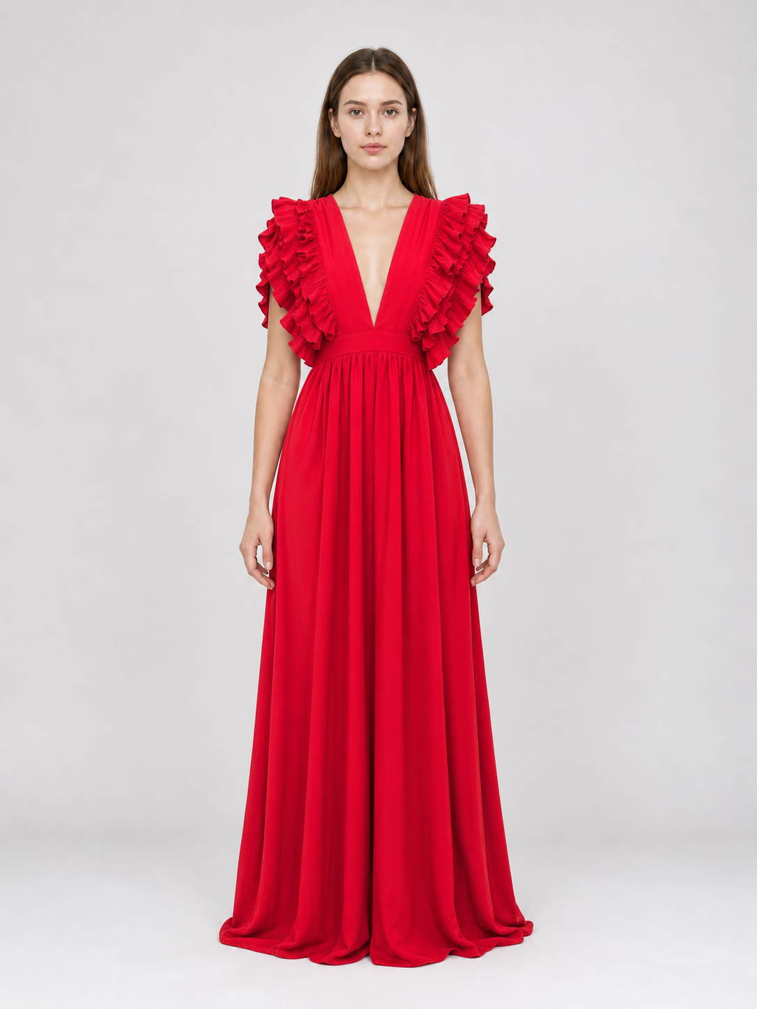 Floor-Length Ruffled Dress with a Deep V-Neckline