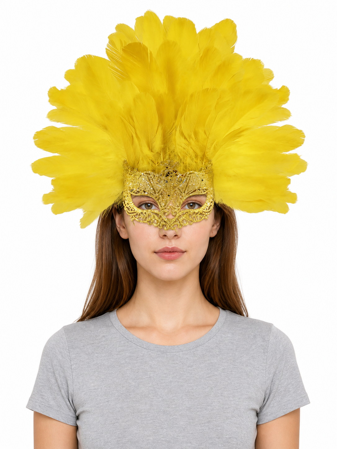 Carnival Mask with Yellow Feathers and Glitter
