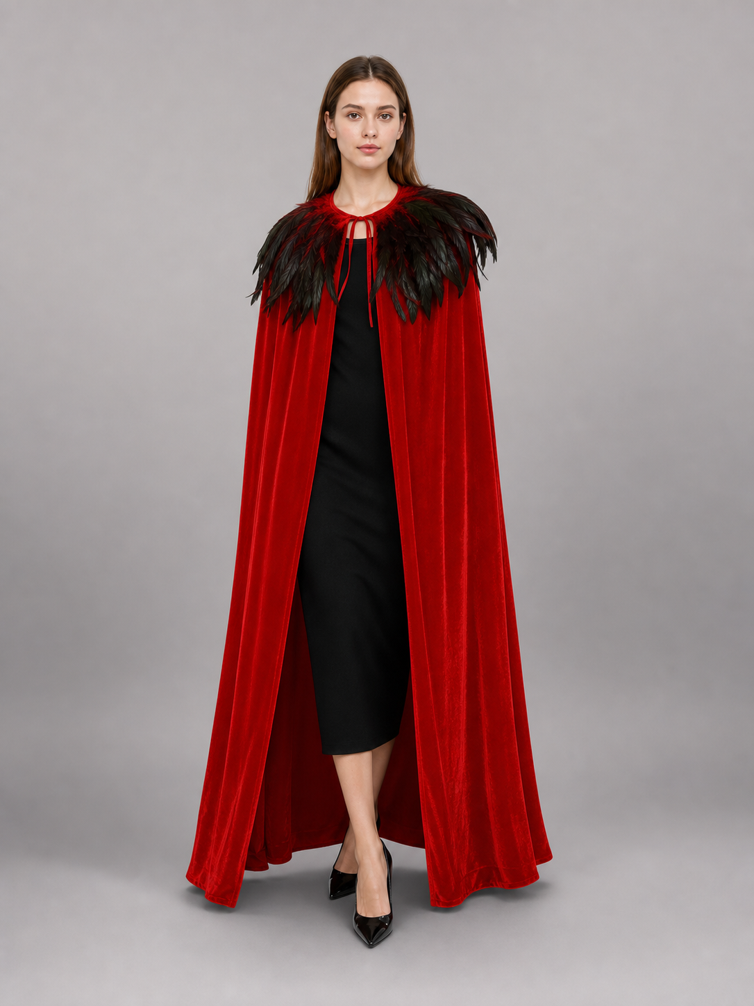Red Velvet Cape with Feather Trim