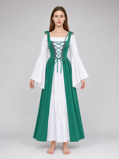 Green and white medieval-style dress with lacing