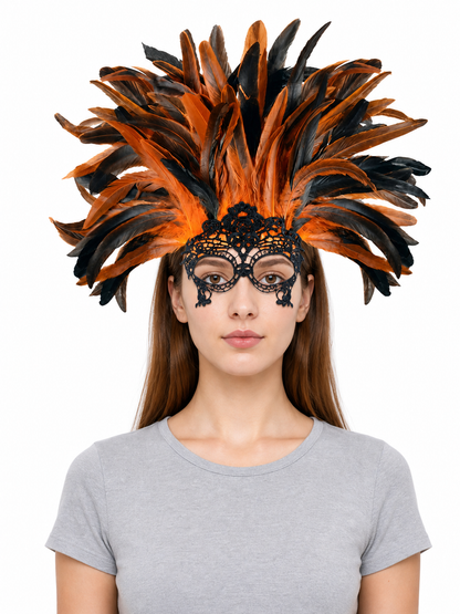 Carnival headdress with feathers and a mask