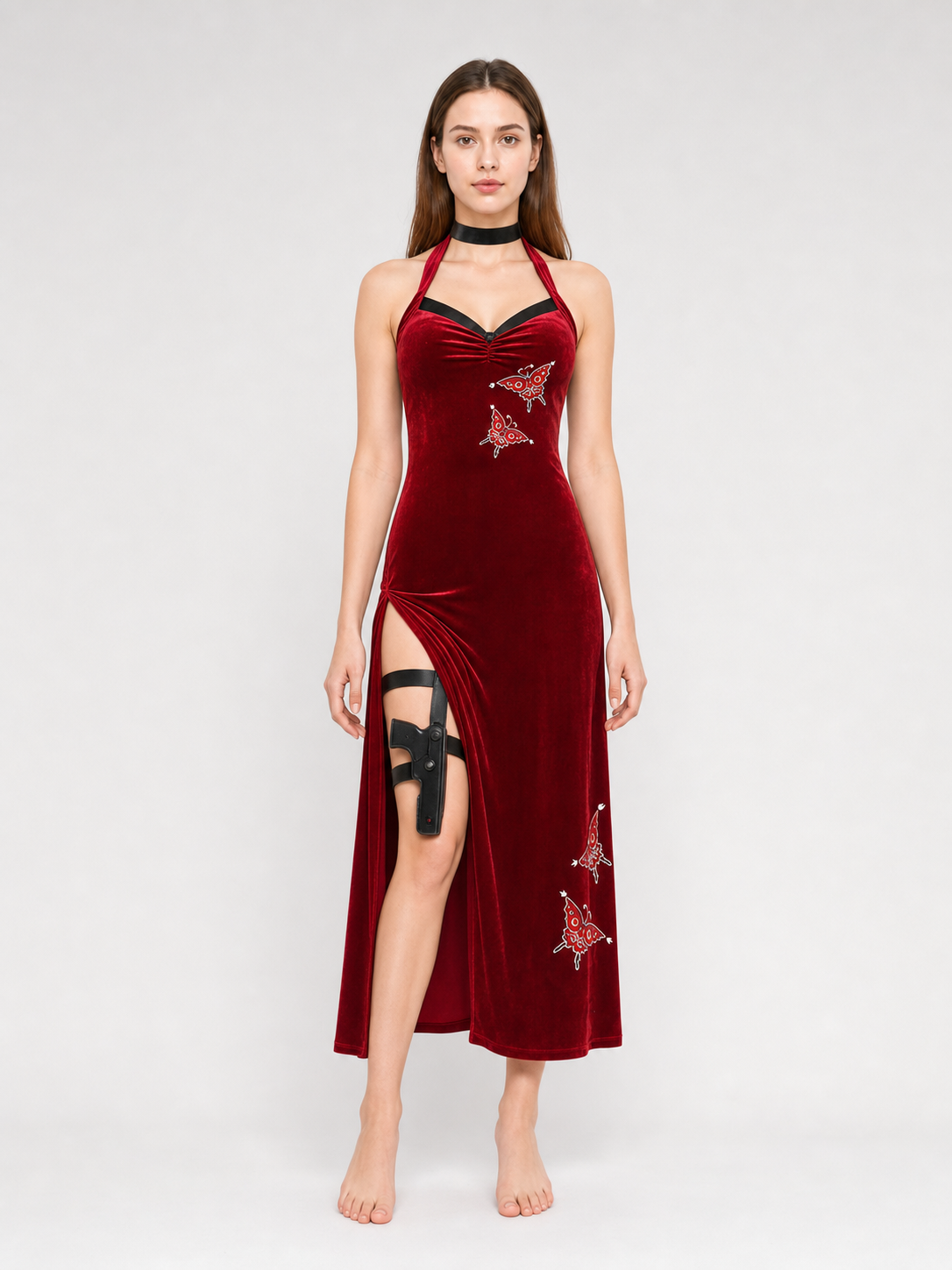 Qipao-style cosplay costume: red dress with holster