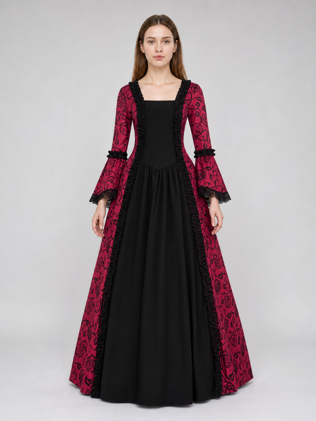 Women’s Gothic Medieval Court Costume Dress 2pcs Set With Neck Accessory, Red Black Scroll Print, Square Neck Long Sleeve Cosplay Outfit