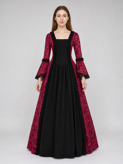 Women’s Gothic Medieval Court Costume Dress 2pcs Set With Neck Accessory, Red Black Scroll Print, Square Neck Long Sleeve Cosplay Outfit