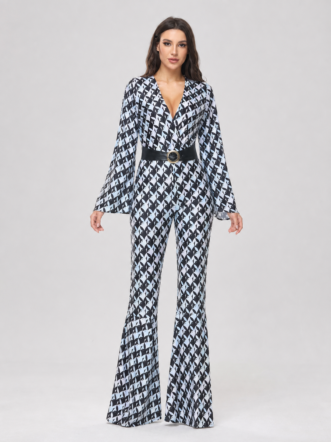 Retro Flared Jumpsuit with Geometric Print