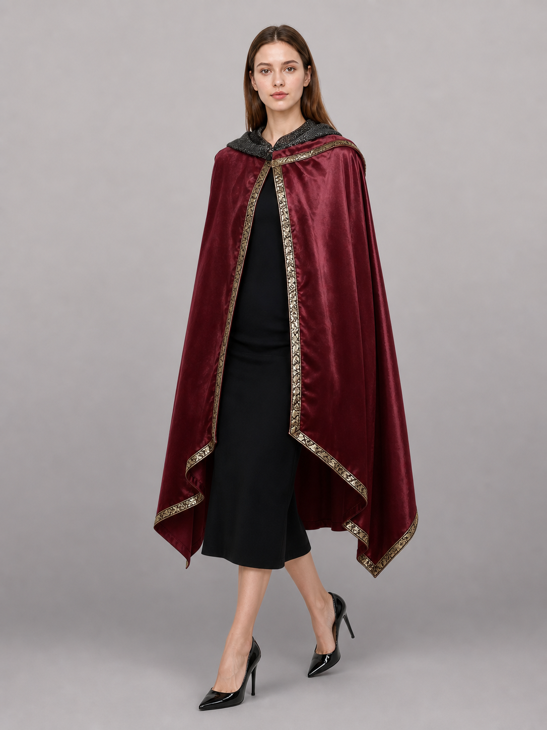 Burgundy velvet-look hooded costume cape product view 23