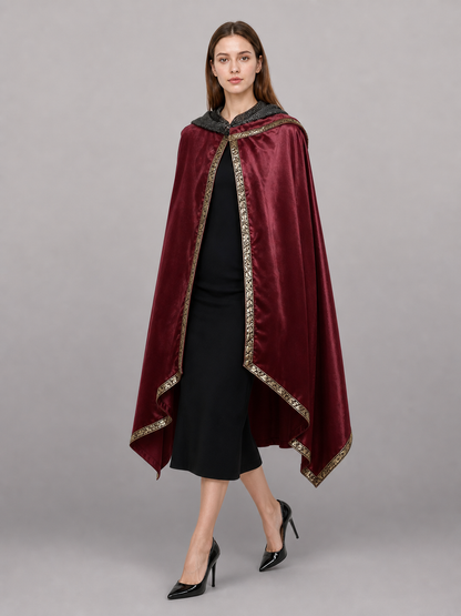 Burgundy velvet-look hooded costume cape product view 23