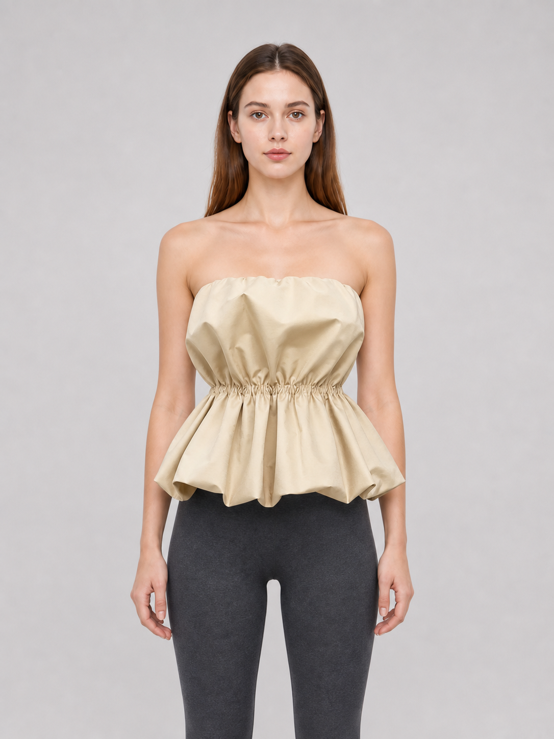 Strapless Peplum Bustier Top, Beige
