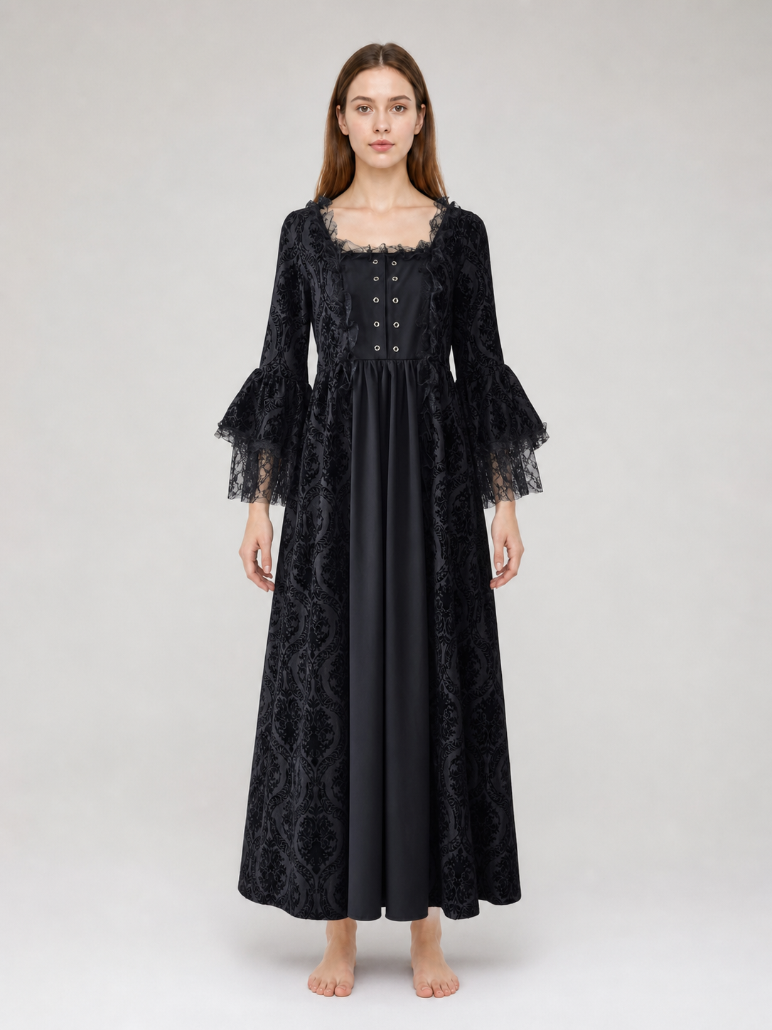 Gothic Vintage Maxi Dress with Lace Trim