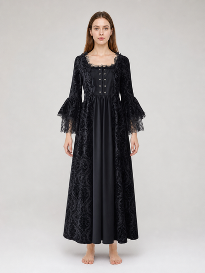 Gothic Vintage Maxi Dress with Lace Trim