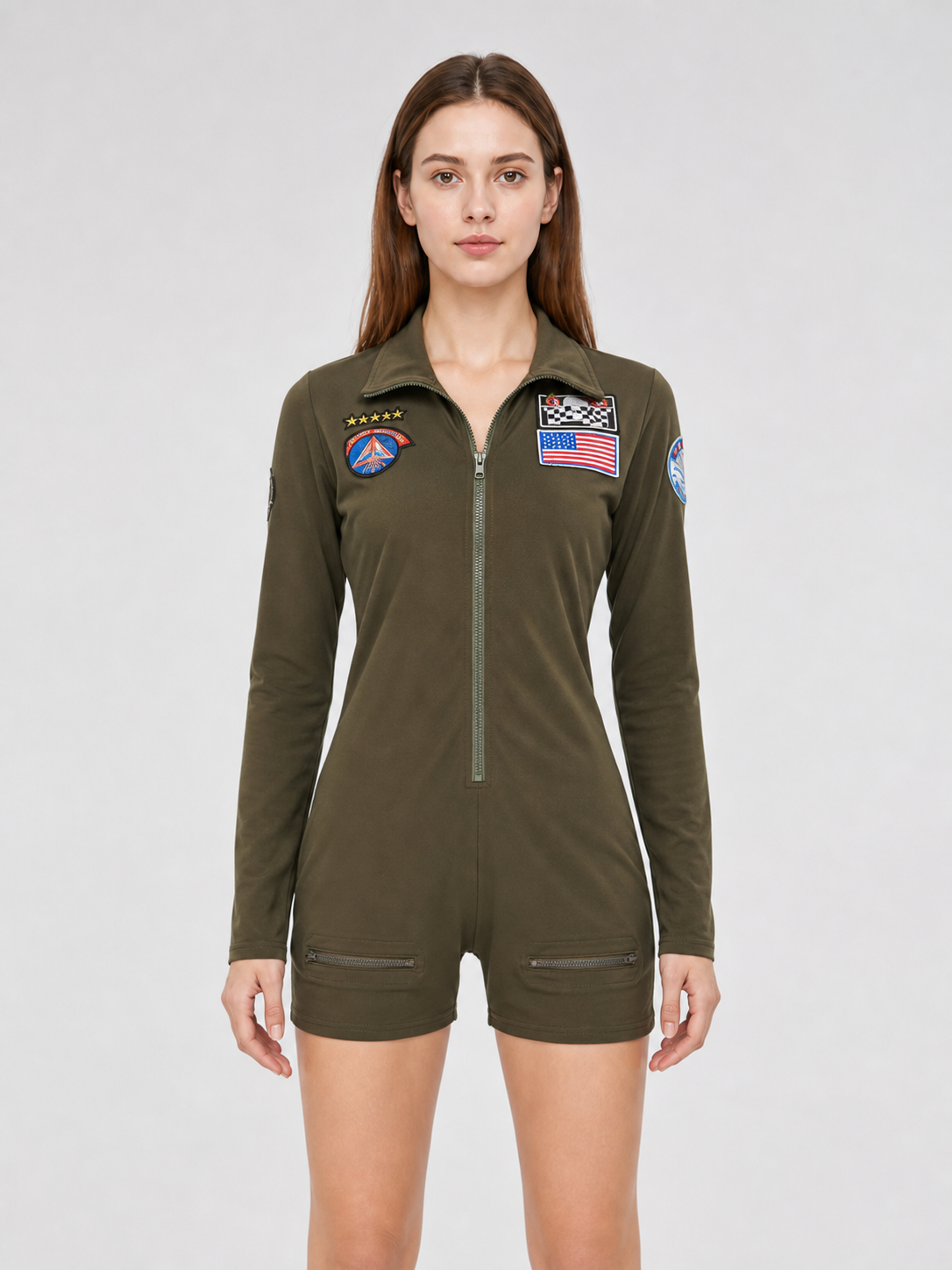 Olive Long-Sleeve Romper Shorts