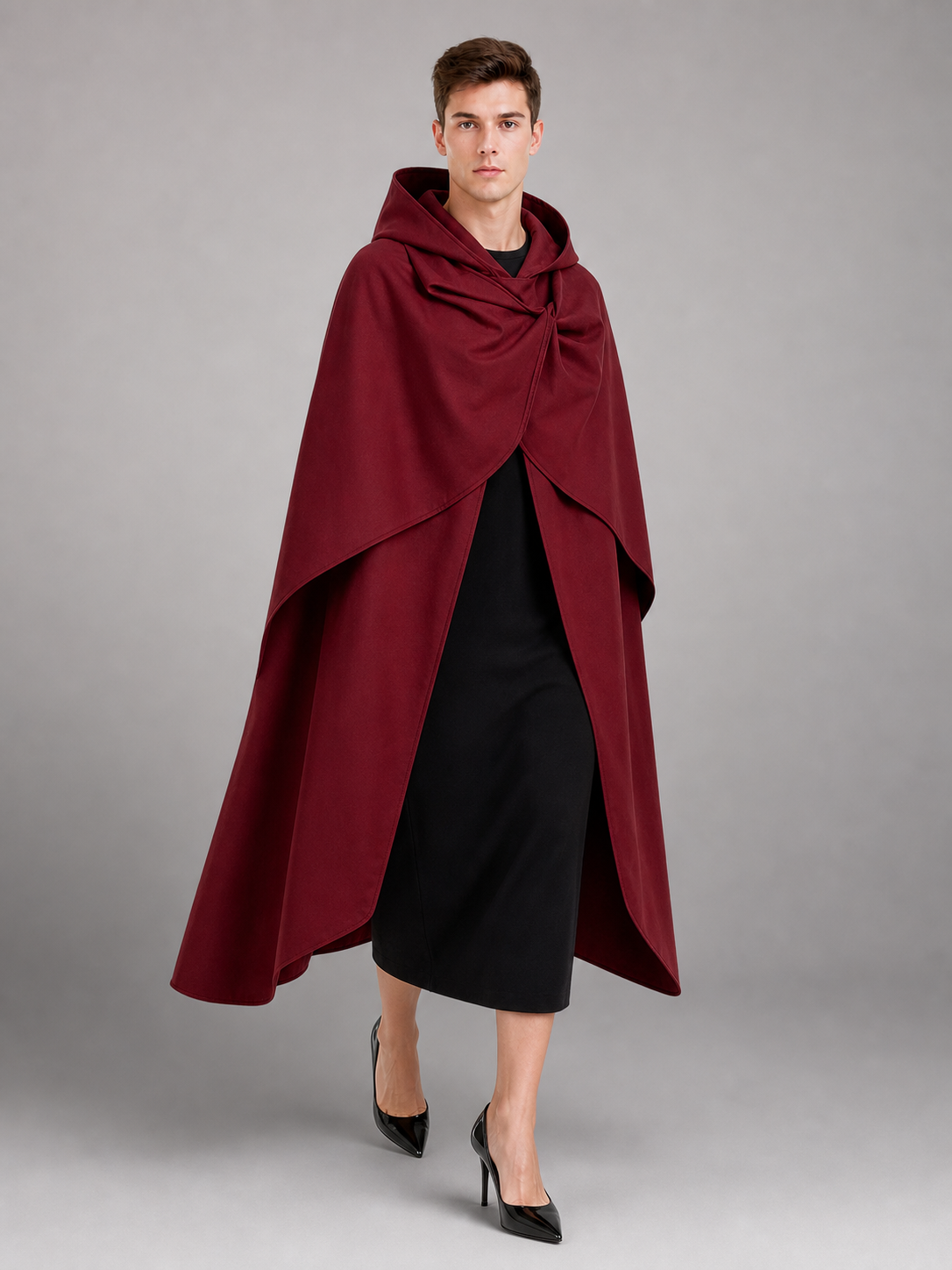 Medieval Hooded Cloak Wine Red Cape with Overlapping Front and Irregular Draped Hem for Cosplay, Theme Parties, Stage Performances and Fantasy Photography
