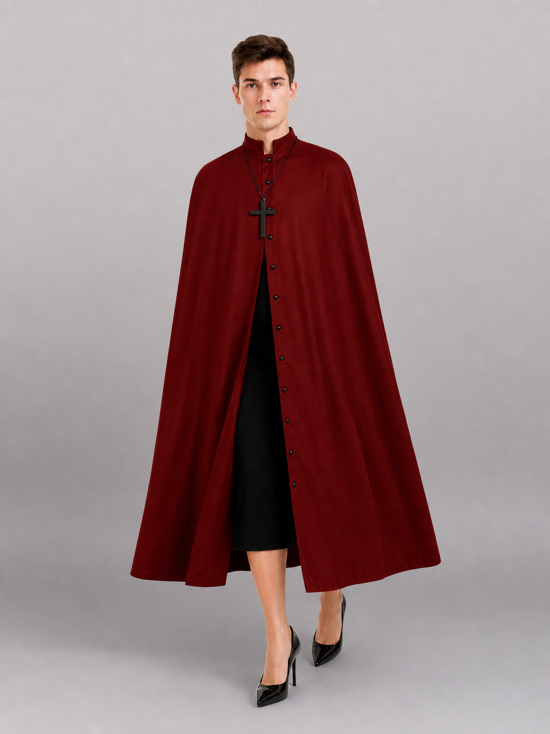 Long Burgundy Cassock with Collar and Buttons