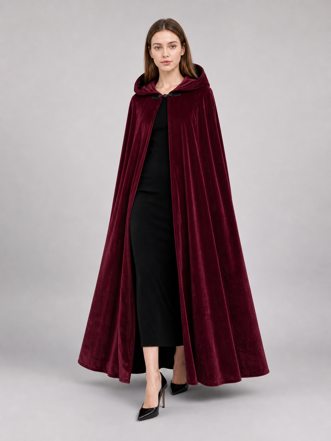 Burgundy Long Carnival Cloak with Hood