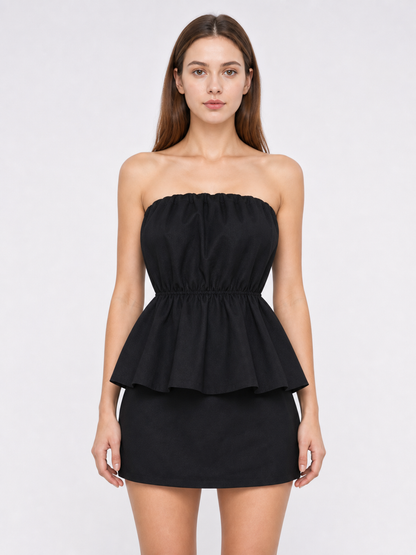 Black bandeau dress with a ruched bodice