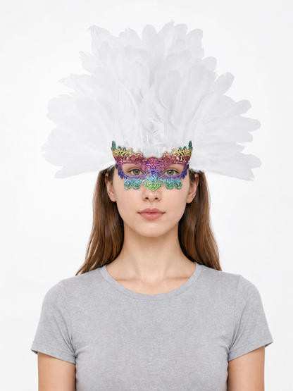 Masquerade headpiece with feathers and a mask