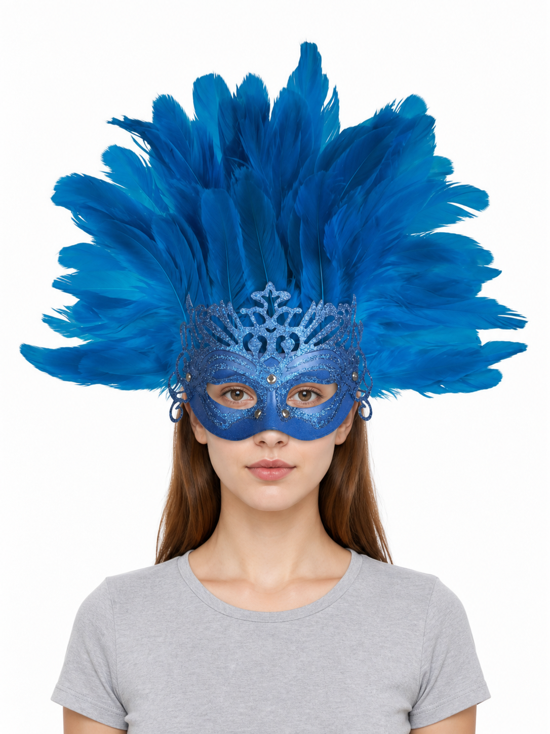 Carnival Mask with Blue Feathers and Glitter