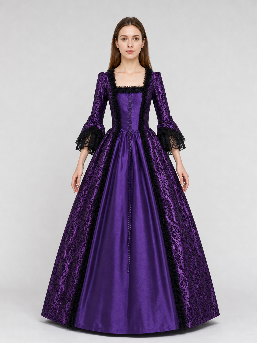 Victorian Dress with Lace and Long Sleeves front view