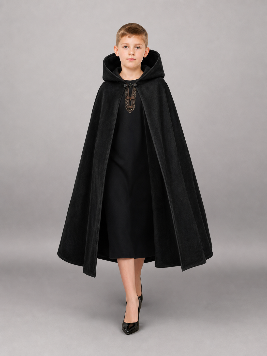 Black medieval hooded carnival cloak