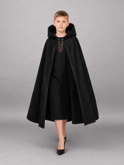 Black medieval hooded carnival cloak