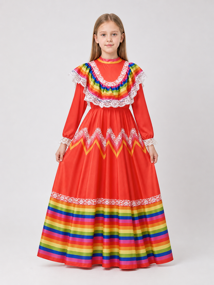 Folk Dress with Ruffles and Rainbow Inserts