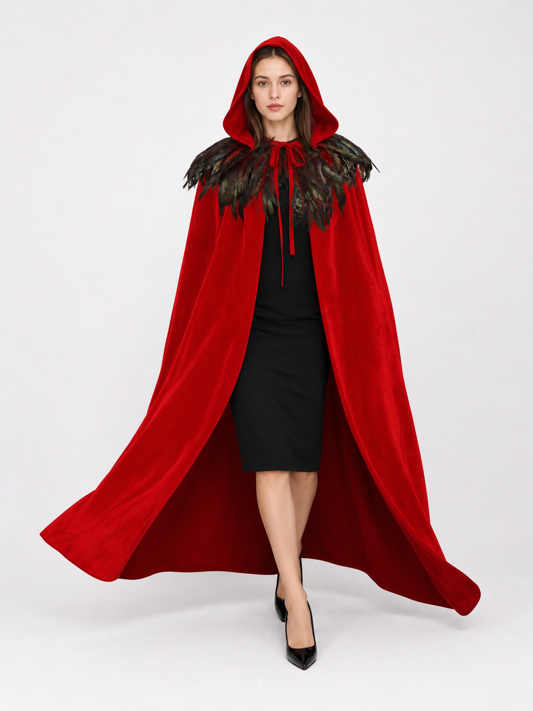 Red hooded feather-trimmed cape product view 18