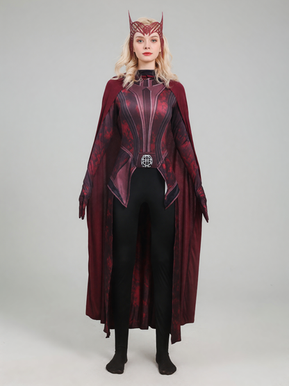 Scarlet Witch superhero cosplay costume with cape front view