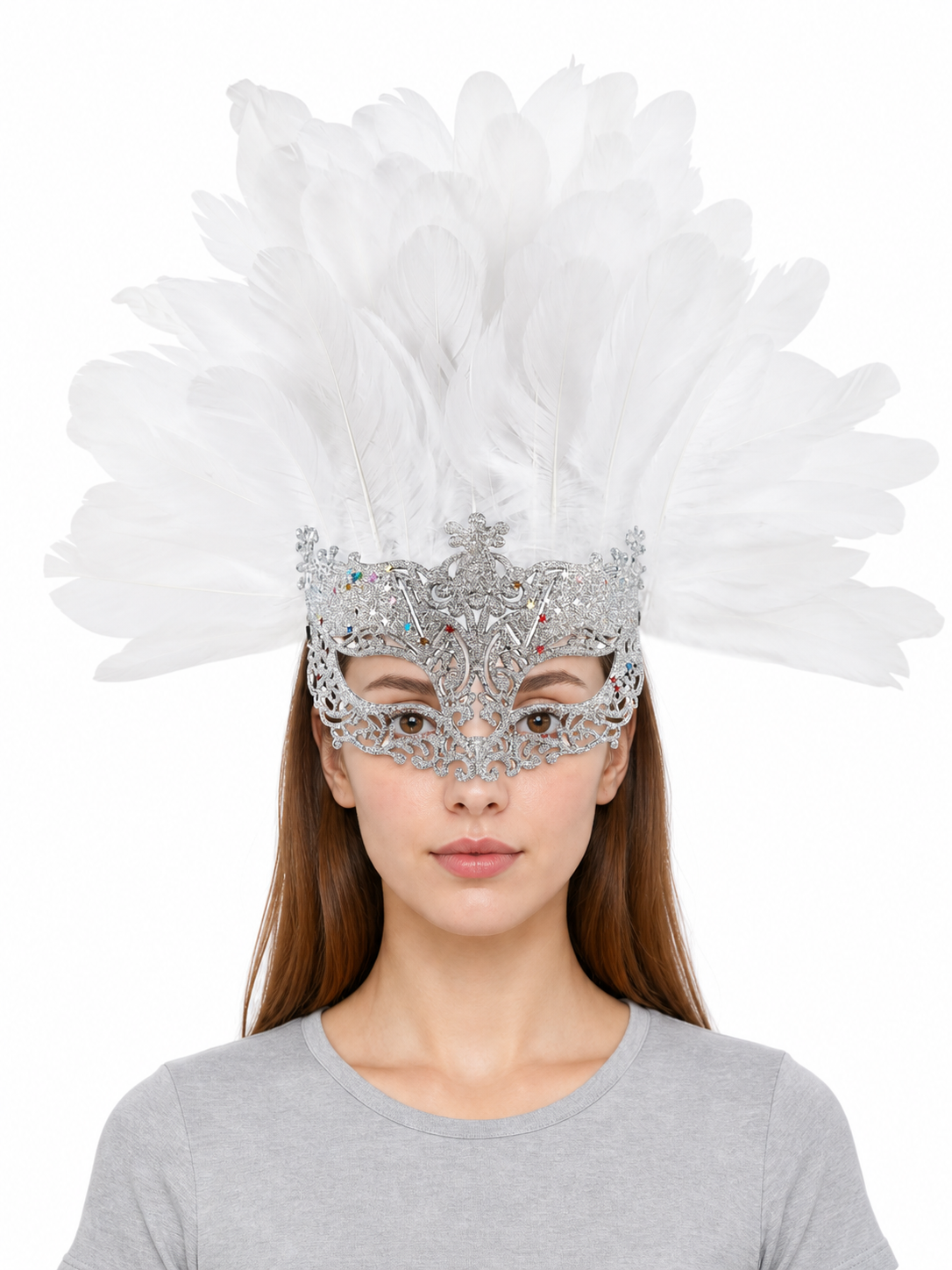 Masquerade Mask with White Feathers and Glitter