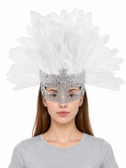 Masquerade Mask with White Feathers and Glitter